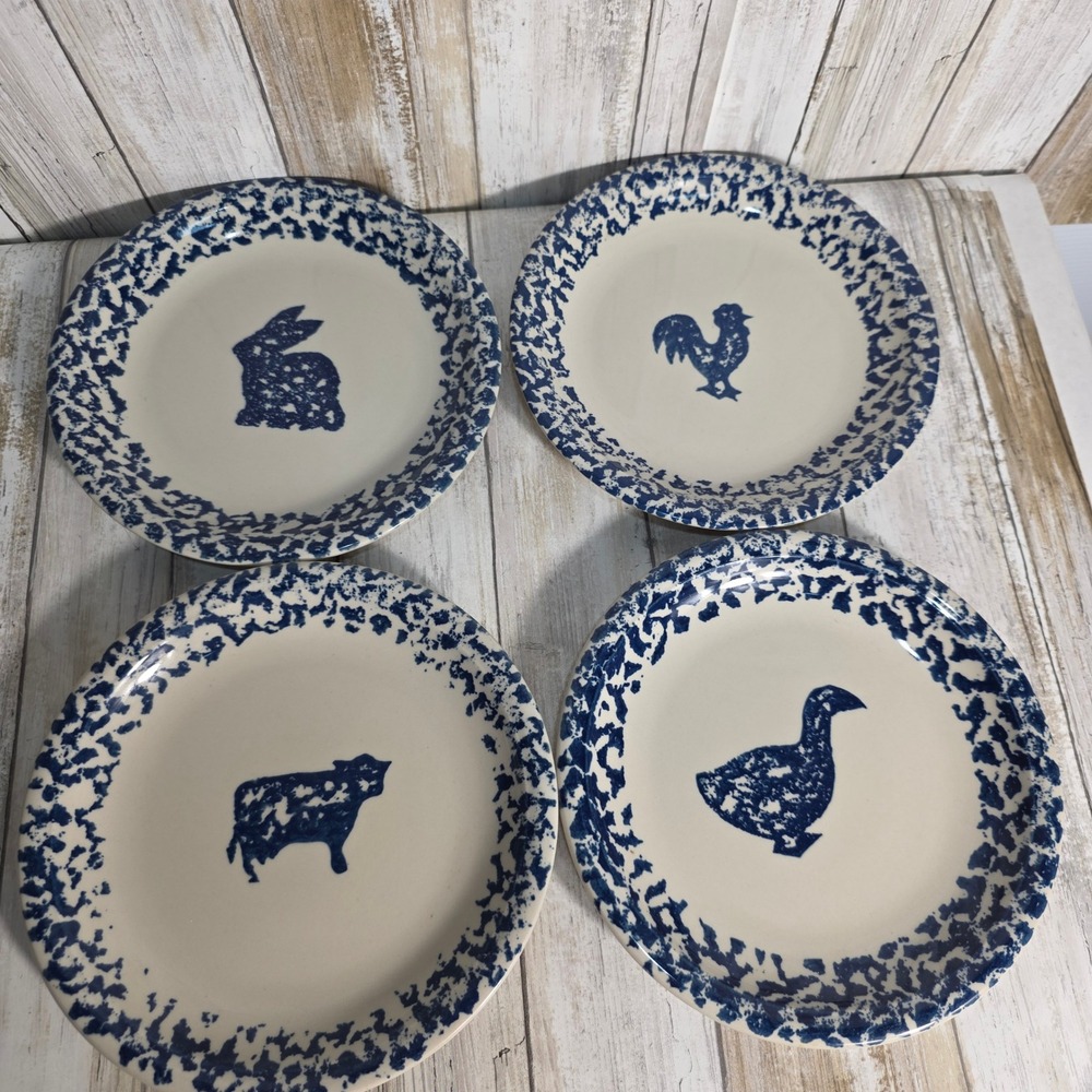 Farmhouse Tienshan Folk Craft Animals Blue Spongeware Salad Plates Set of 4